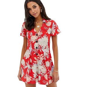 NWOT ASOS button front 'tea romper' in red white floral print, size 0, XS